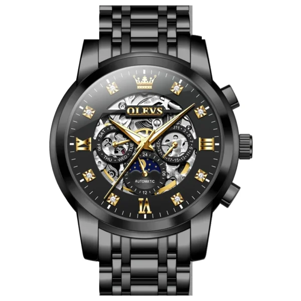 OLEVS For OLEVS 6721 Hollow Skeleton Diamond Moon Phase Mechanical Watch Waterproof Automatic Fashion Stainless Steel 20mm Black