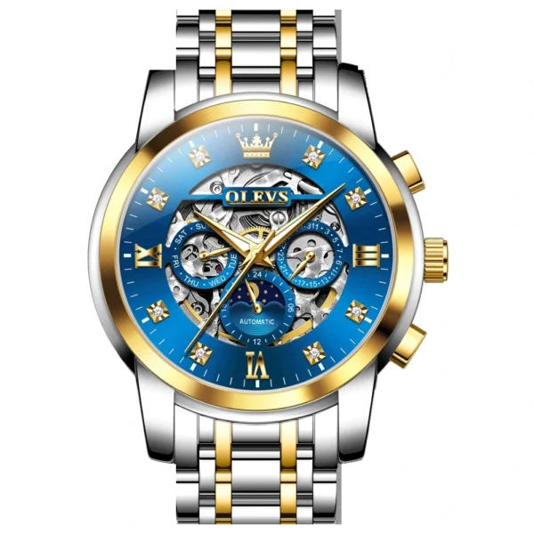 OLEVS For OLEVS 6721 Hollow Skeleton Diamond Moon Phase Mechanical Watch Waterproof Automatic Fashion Stainless Steel 20mm GOLDEN BLUE