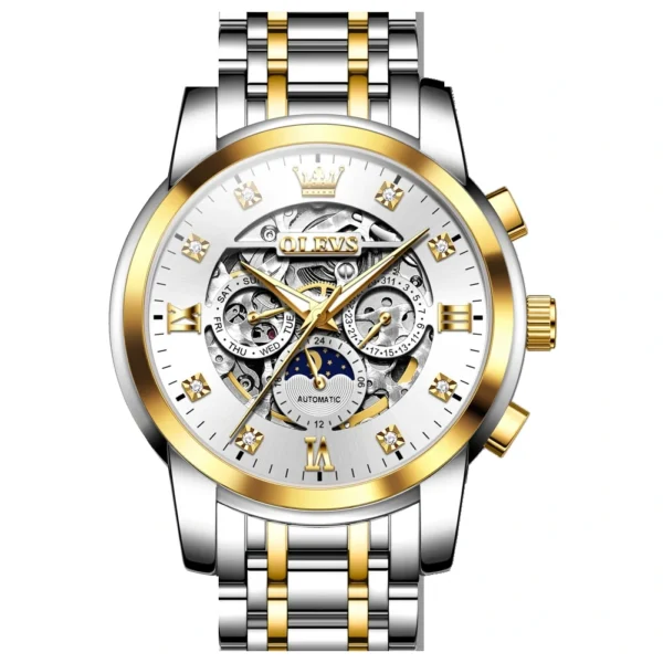 OLEVS For OLEVS 6721 Hollow Skeleton Diamond Moon Phase Mechanical Watch Waterproof Automatic Fashion Stainless Steel 20mm Golden White