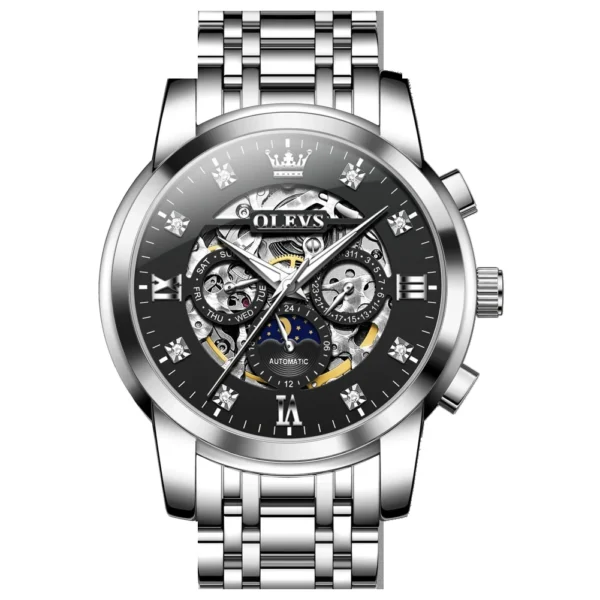 OLEVS For OLEVS 6721 Hollow Skeleton Diamond Moon Phase Mechanical Watch Waterproof Automatic Fashion Stainless Steel 20mm SILVER BLACK