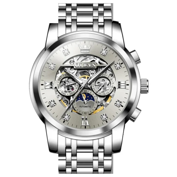 OLEVS For OLEVS 6721 Hollow Skeleton Diamond Moon Phase Mechanical Watch Waterproof Automatic Fashion Stainless Steel 20mm SILVER GRAY