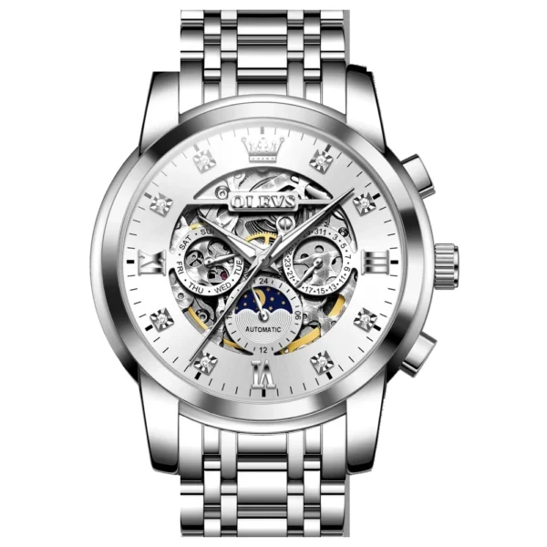 OLEVS For OLEVS 6721 Hollow Skeleton Diamond Moon Phase Mechanical Watch Waterproof Automatic Fashion Stainless Steel 20mm silvery white