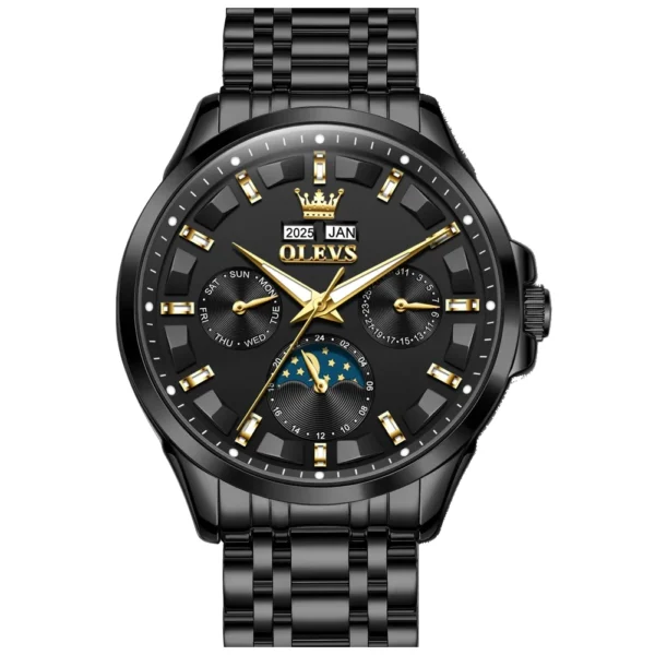 OLEVS For OLEVS 7070 Luxury Automatic Mechanical Sports Watch Multifunctional Diamond Moon Phase Stainless Steel Black