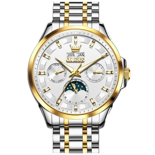 OLEVS For OLEVS 7070 Luxury Automatic Mechanical Sports Watch Multifunctional Diamond Moon Phase Stainless Steel Gold White