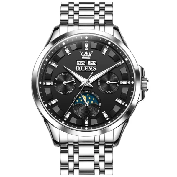 OLEVS For OLEVS 7070 Luxury Automatic Mechanical Sports Watch Multifunctional Diamond Moon Phase Stainless Steel SILVER BLACK