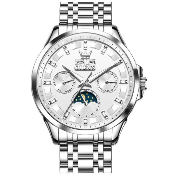 OLEVS For OLEVS 7070 Luxury Automatic Mechanical Sports Watch Multifunctional Diamond Moon Phase Stainless Steel SILVER WHITE