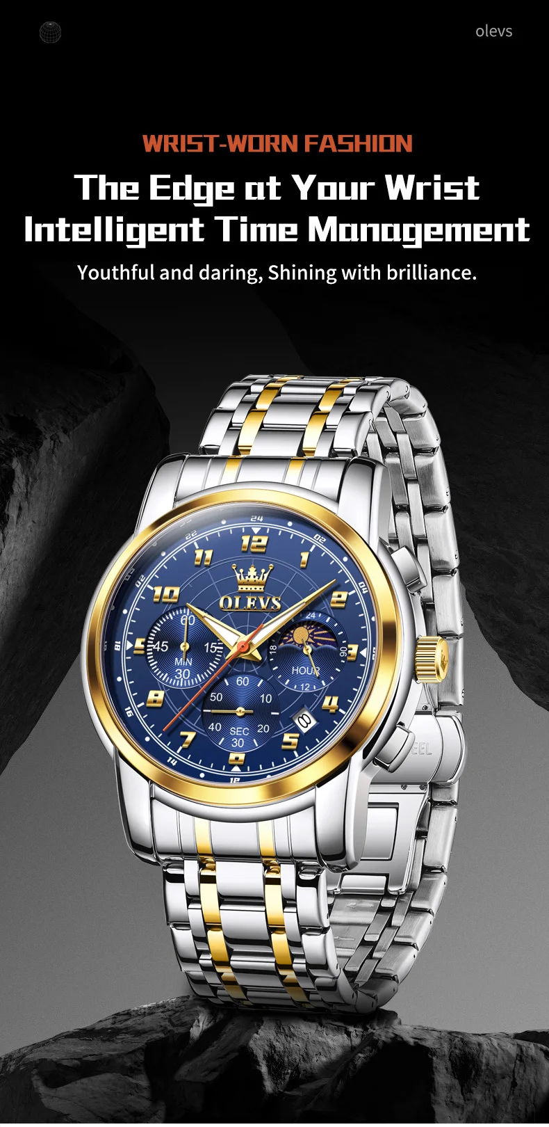 OLEVS 2983 Luxury Design Sports Stainless Steel Moon Phase Chronograph Watch Luminous Waterproof Quartz Watch for Man 2