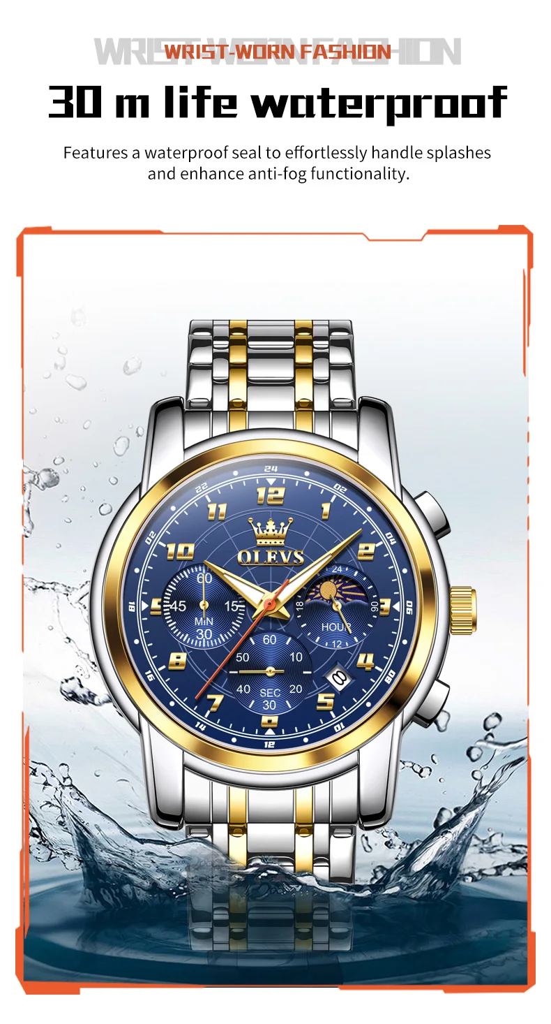 OLEVS 2983 Luxury Design Sports Stainless Steel Moon Phase Chronograph Watch Luminous Waterproof Quartz Watch for Man 20