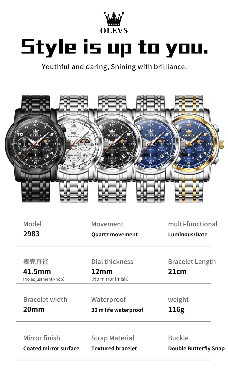 OLEVS 2983 Luxury Design Sports Stainless Steel Moon Phase Chronograph Watch Luminous Waterproof Quartz Watch for Man 21