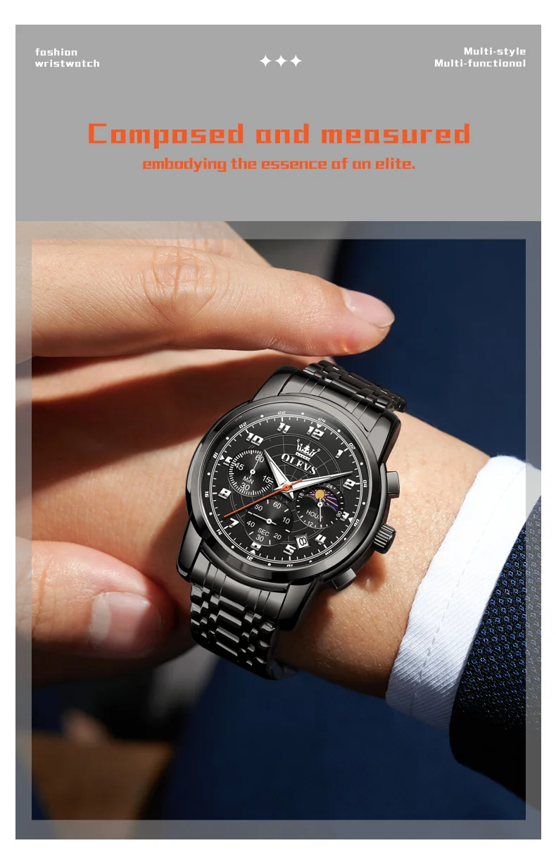 OLEVS 2983 Luxury Design Sports Stainless Steel Moon Phase Chronograph Watch Luminous Waterproof Quartz Watch for Man 23