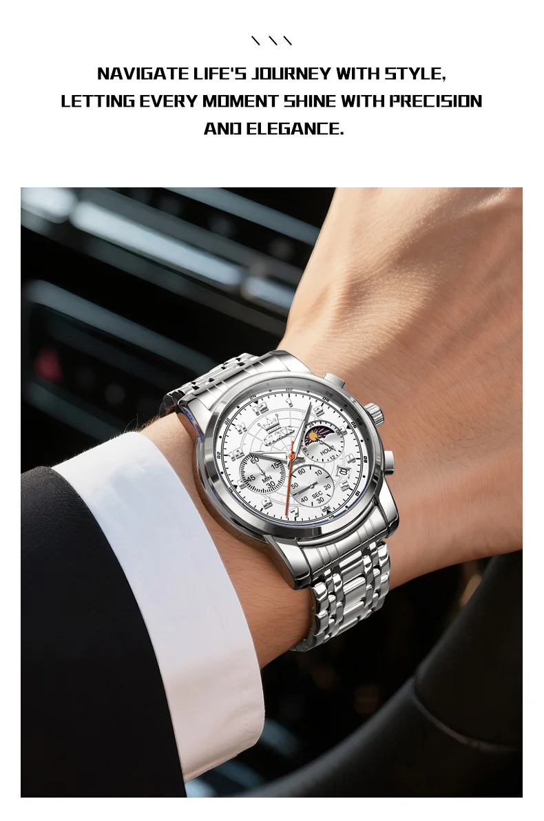 OLEVS 2983 Luxury Design Sports Stainless Steel Moon Phase Chronograph Watch Luminous Waterproof Quartz Watch for Man 26