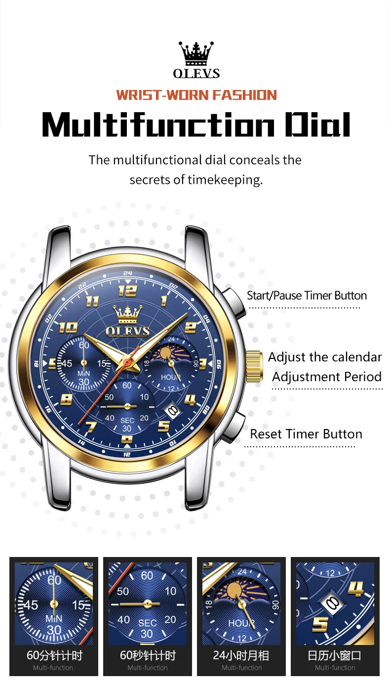 OLEVS 2983 Luxury Design Sports Stainless Steel Moon Phase Chronograph Watch Luminous Waterproof Quartz Watch for Man 3