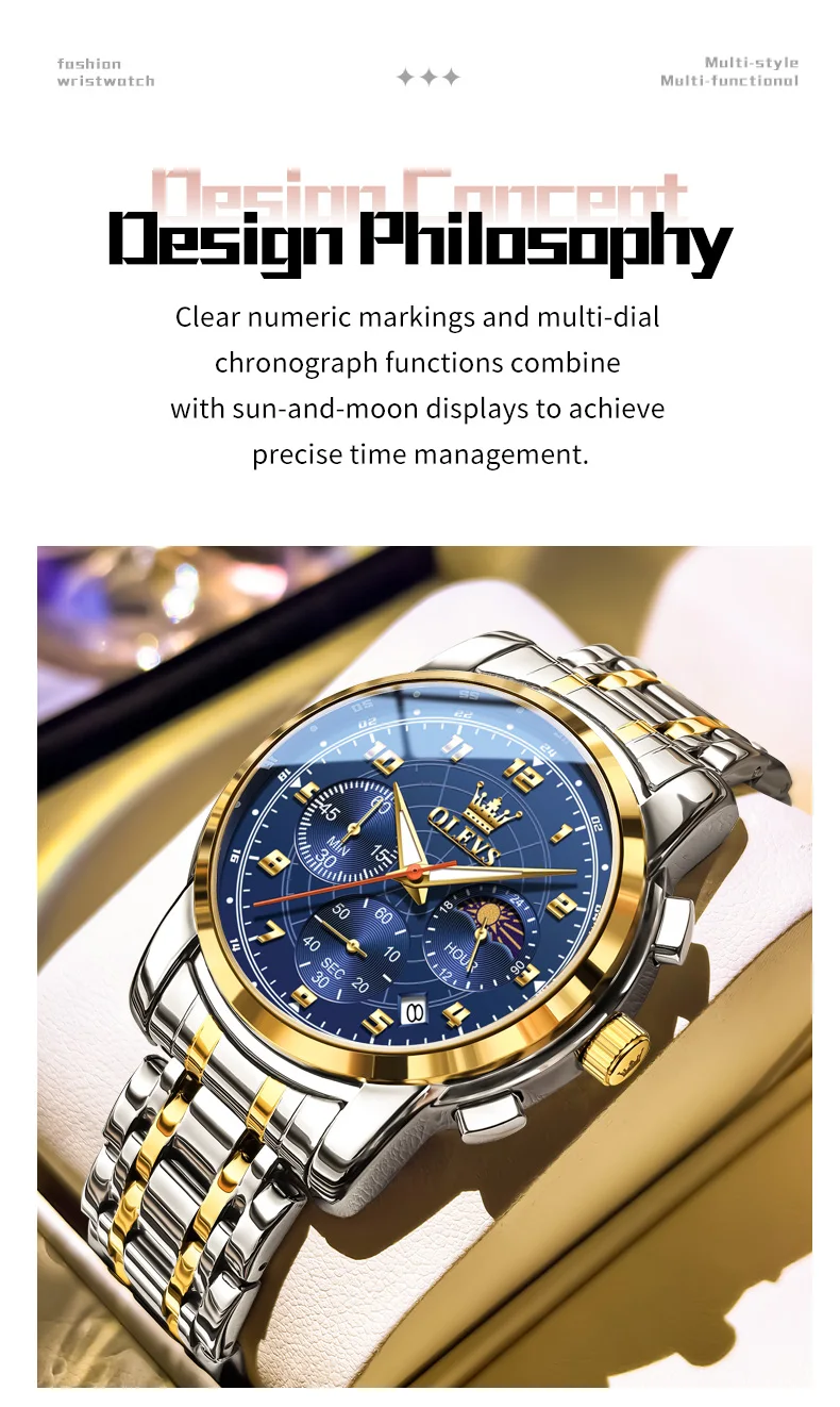 OLEVS 2983 Luxury Design Sports Stainless Steel Moon Phase Chronograph Watch Luminous Waterproof Quartz Watch for Man 5