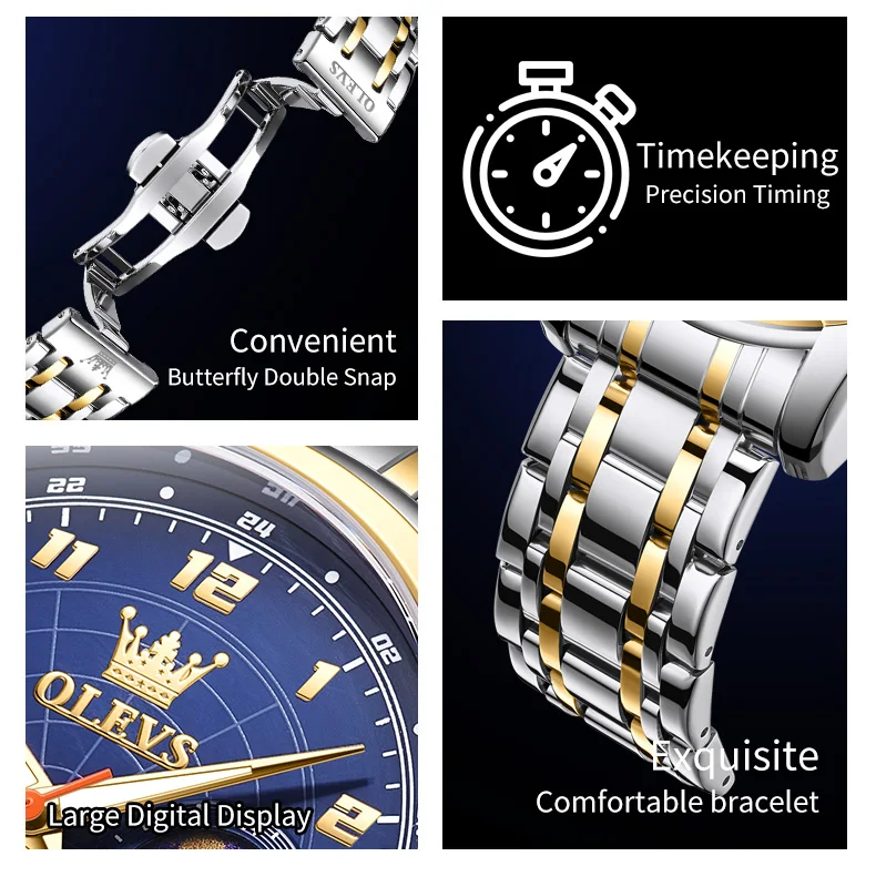 OLEVS 2983 Luxury Design Sports Stainless Steel Moon Phase Chronograph Watch Luminous Waterproof Quartz Watch for Man 7