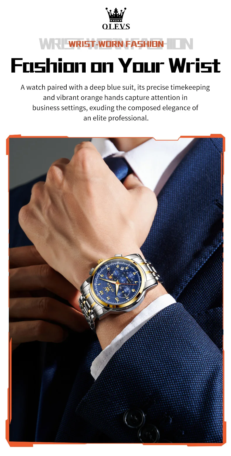 OLEVS 2983 Luxury Design Sports Stainless Steel Moon Phase Chronograph Watch Luminous Waterproof Quartz Watch for Man 9