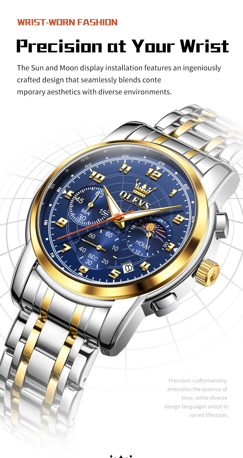 OLEVS 2983 Luxury Design Sports Stainless Steel Moon Phase Chronograph Watch Luminous Waterproof Quartz Watch for Man 11