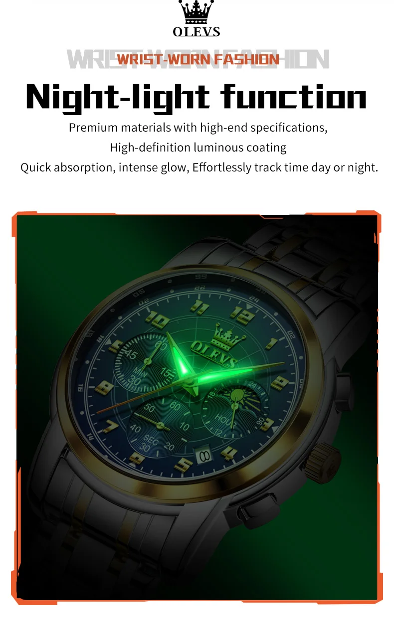 OLEVS 2983 Luxury Design Sports Stainless Steel Moon Phase Chronograph Watch Luminous Waterproof Quartz Watch for Man 17