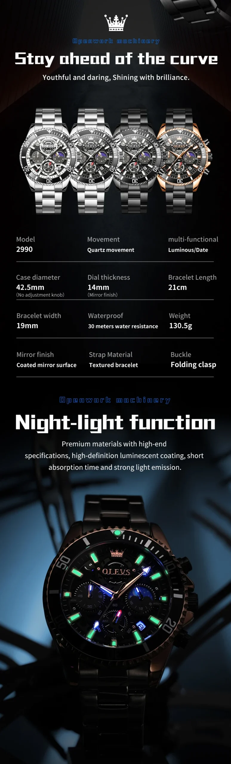 OLEVS 2990 Luxury Hollow Skeleton Man Sports Luminous Moon Phase Calendar Watch Waterproof Fashion Quartz Watch 3