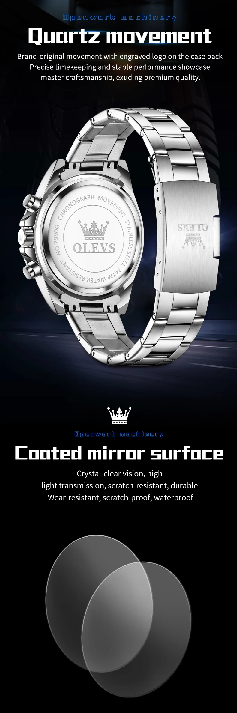 OLEVS 2990 Luxury Hollow Skeleton Man Sports Luminous Moon Phase Calendar Watch Waterproof Fashion Quartz Watch 4