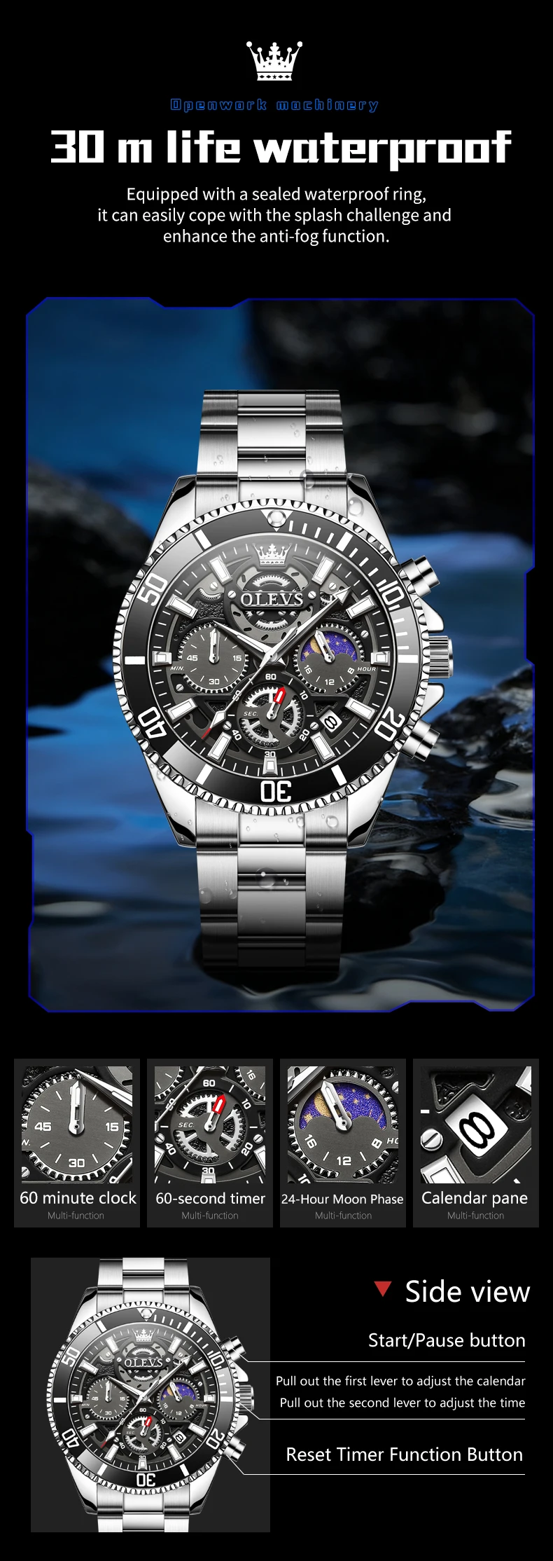 OLEVS 2990 Luxury Hollow Skeleton Man Sports Luminous Moon Phase Calendar Watch Waterproof Fashion Quartz Watch 5