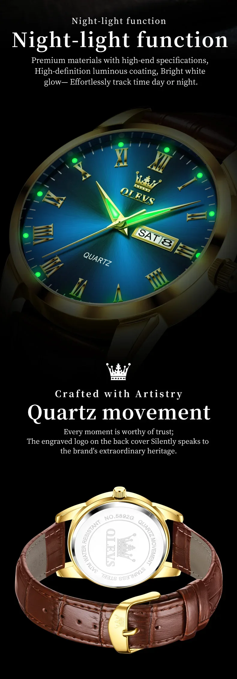 OLEVS 5892 Designer Men Watch Leather Strap Luxury Bands Classic Waterproof Man Quartz Watch 3