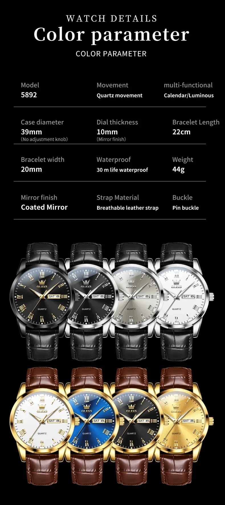 OLEVS 5892 Designer Men Watch Leather Strap Luxury Bands Classic Waterproof Man Quartz Watch 5