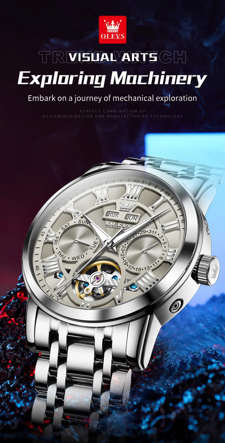 OLEVS 6668 Odm Customizable Watch Hollow Skeleton Watch Business Luminous Stainless Steel Automatic Mechanical Watch for Man 1
