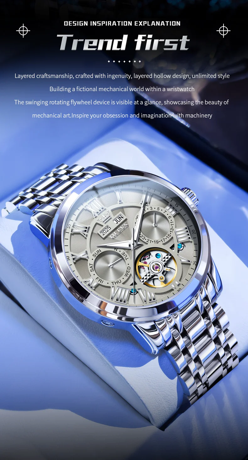 OLEVS 6668 Odm Customizable Watch Hollow Skeleton Watch Business Luminous Stainless Steel Automatic Mechanical Watch for Man 2