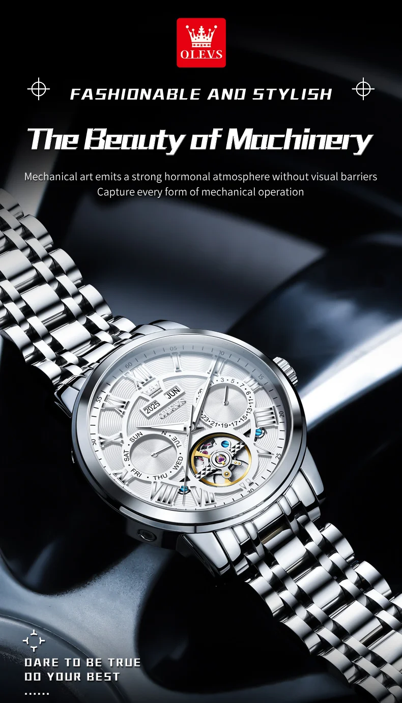 OLEVS 6668 Odm Customizable Watch Hollow Skeleton Watch Business Luminous Stainless Steel Automatic Mechanical Watch for Man 4
