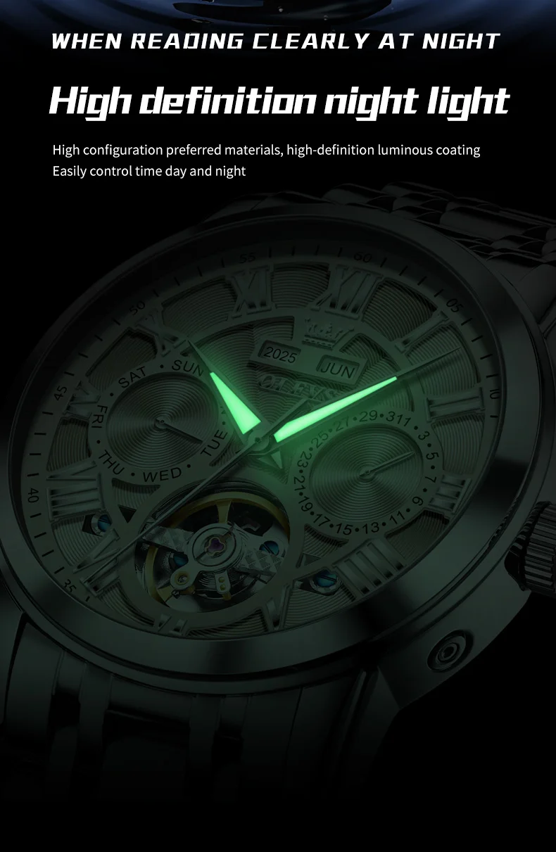 OLEVS 6668 Odm Customizable Watch Hollow Skeleton Watch Business Luminous Stainless Steel Automatic Mechanical Watch for Man 9