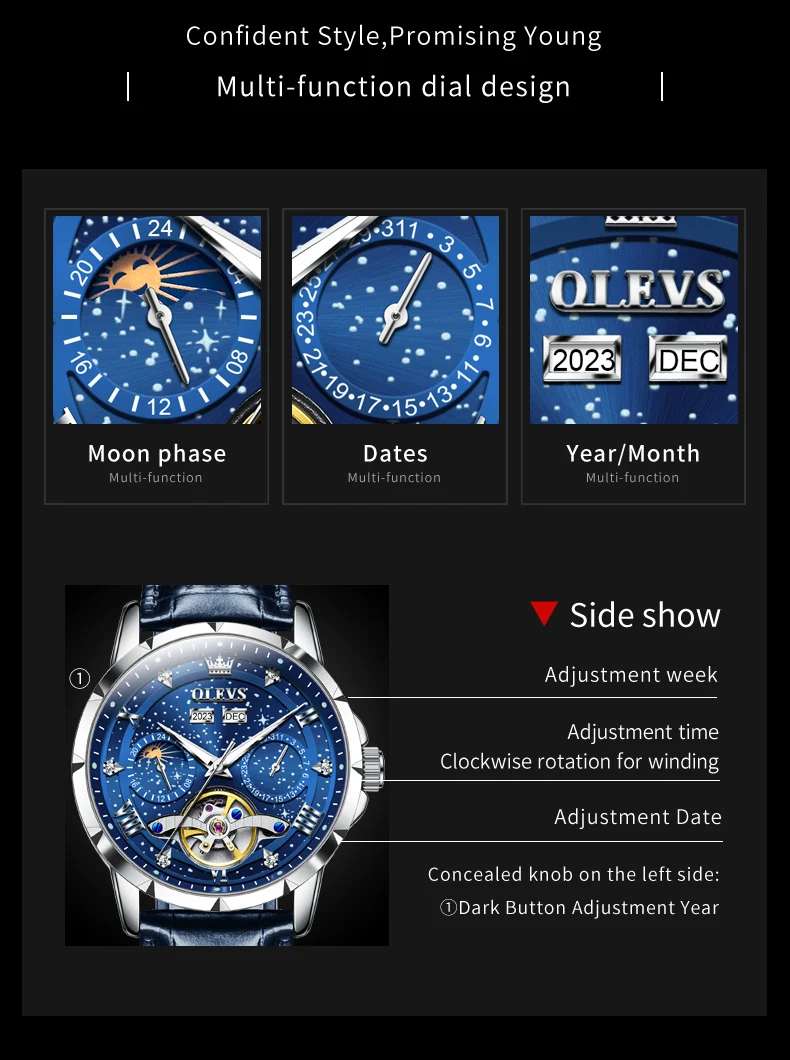 OLEVS 6690 Fashion Luxury Manufacturer Automatic Stainless Steel Moon Phase Waterproof Mechanical Watch for Man 11
