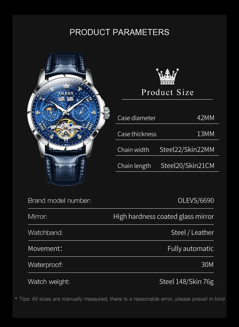 OLEVS 6690 Fashion Luxury Manufacturer Automatic Stainless Steel Moon Phase Waterproof Mechanical Watch for Man 12