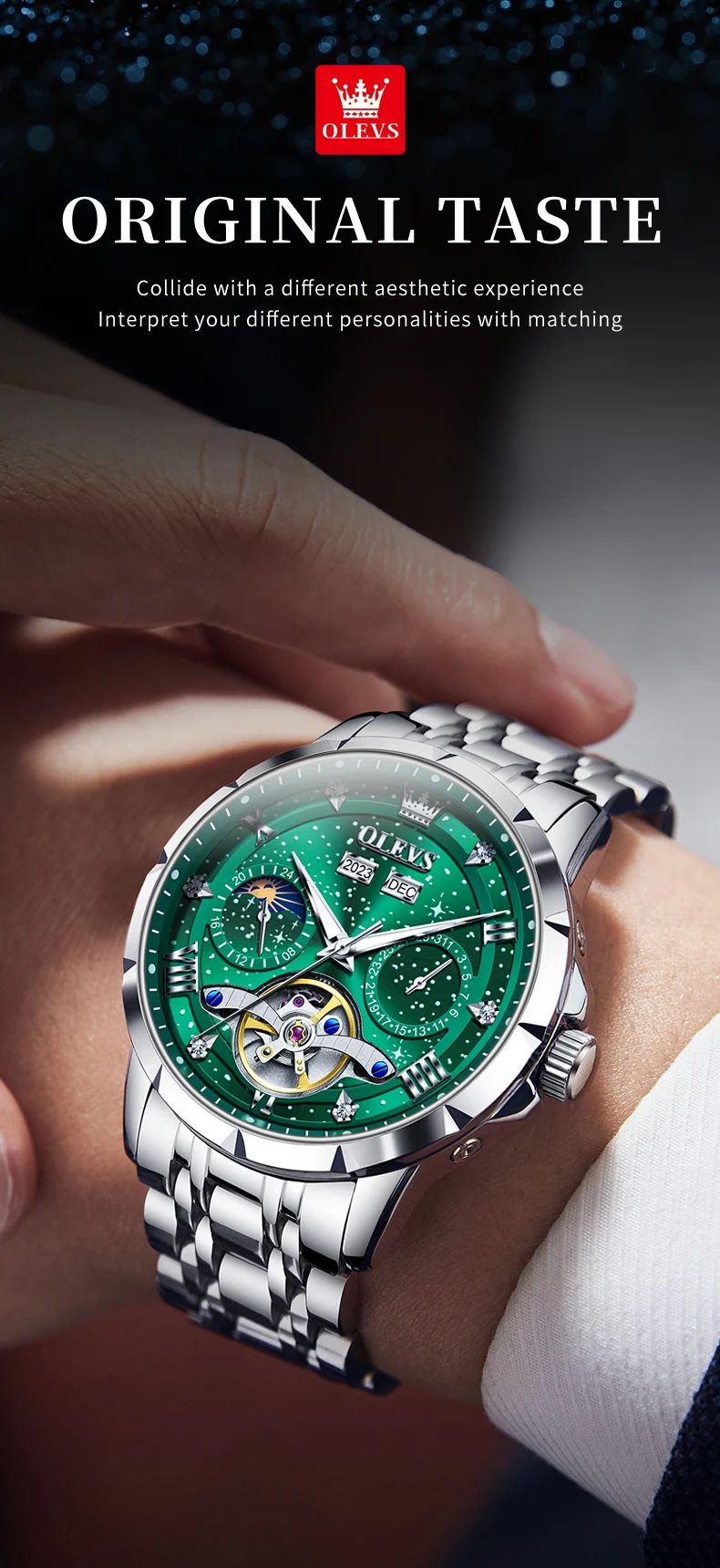OLEVS 6690 Fashion Luxury Manufacturer Automatic Stainless Steel Moon Phase Waterproof Mechanical Watch for Man 15