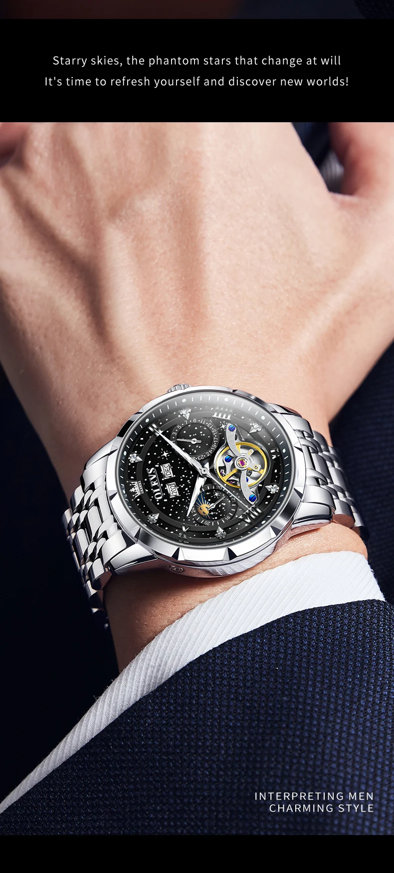 OLEVS 6690 Fashion Luxury Manufacturer Automatic Stainless Steel Moon Phase Waterproof Mechanical Watch for Man 16