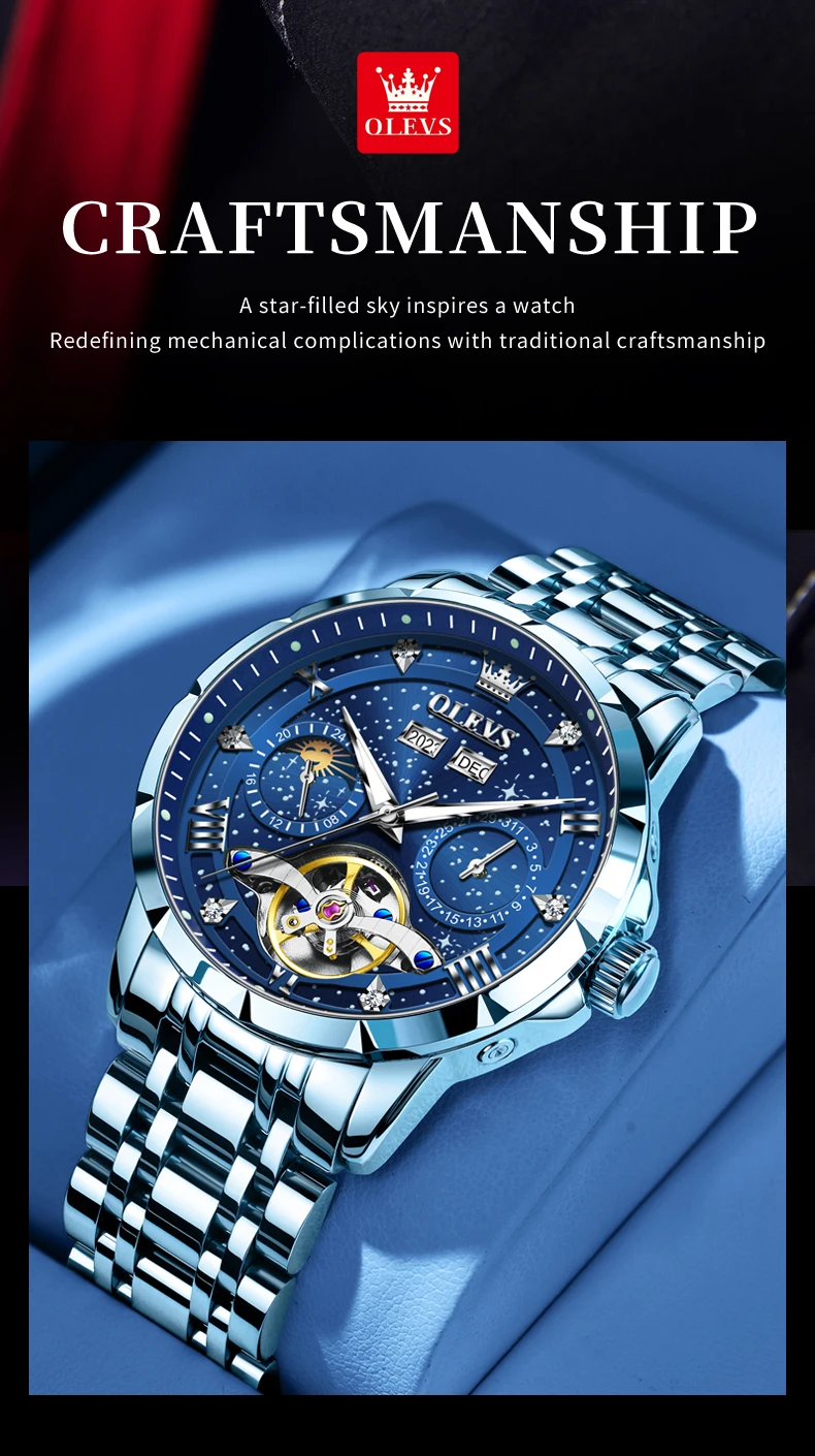 OLEVS 6690 Fashion Luxury Manufacturer Automatic Stainless Steel Moon Phase Waterproof Mechanical Watch for Man 3