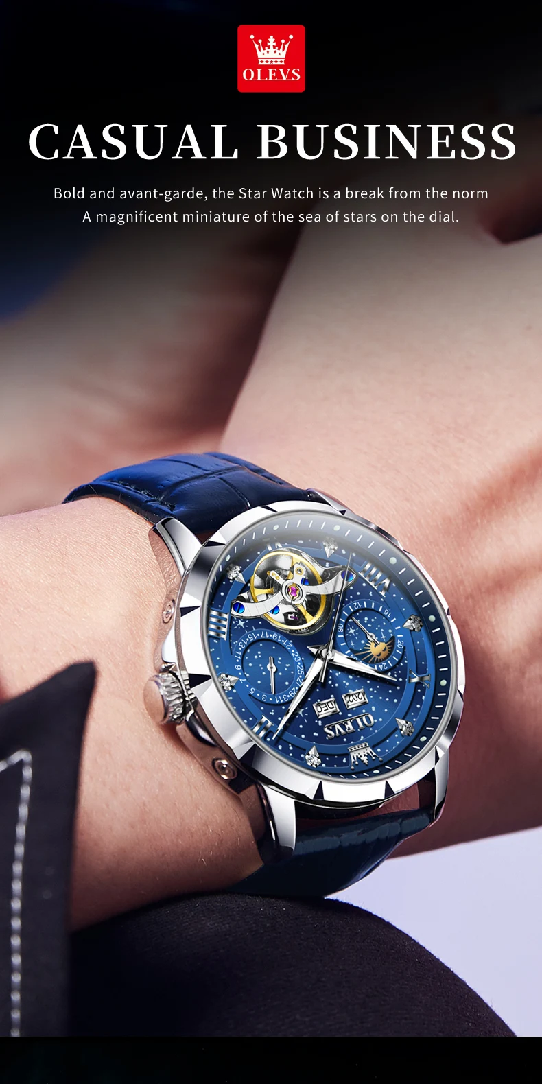 OLEVS 6690 Fashion Luxury Manufacturer Automatic Stainless Steel Moon Phase Waterproof Mechanical Watch for Man 5