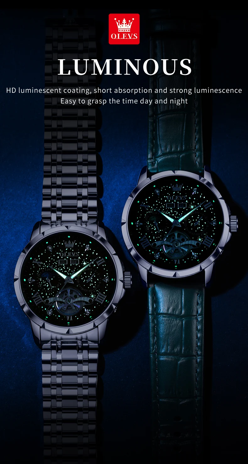OLEVS 6690 Fashion Luxury Manufacturer Automatic Stainless Steel Moon Phase Waterproof Mechanical Watch for Man 7