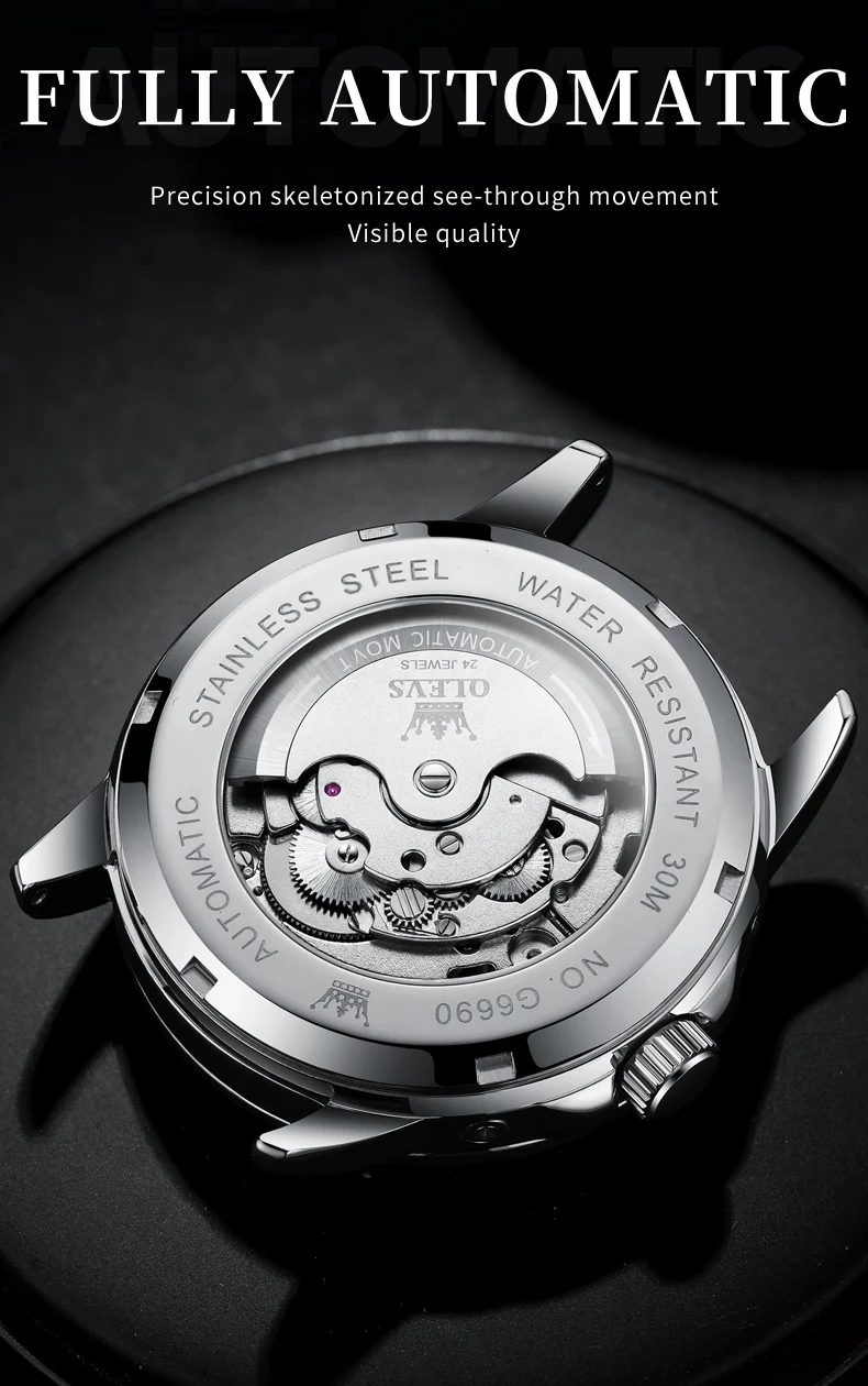 OLEVS 6690 Fashion Luxury Manufacturer Automatic Stainless Steel Moon Phase Waterproof Mechanical Watch for Man 8