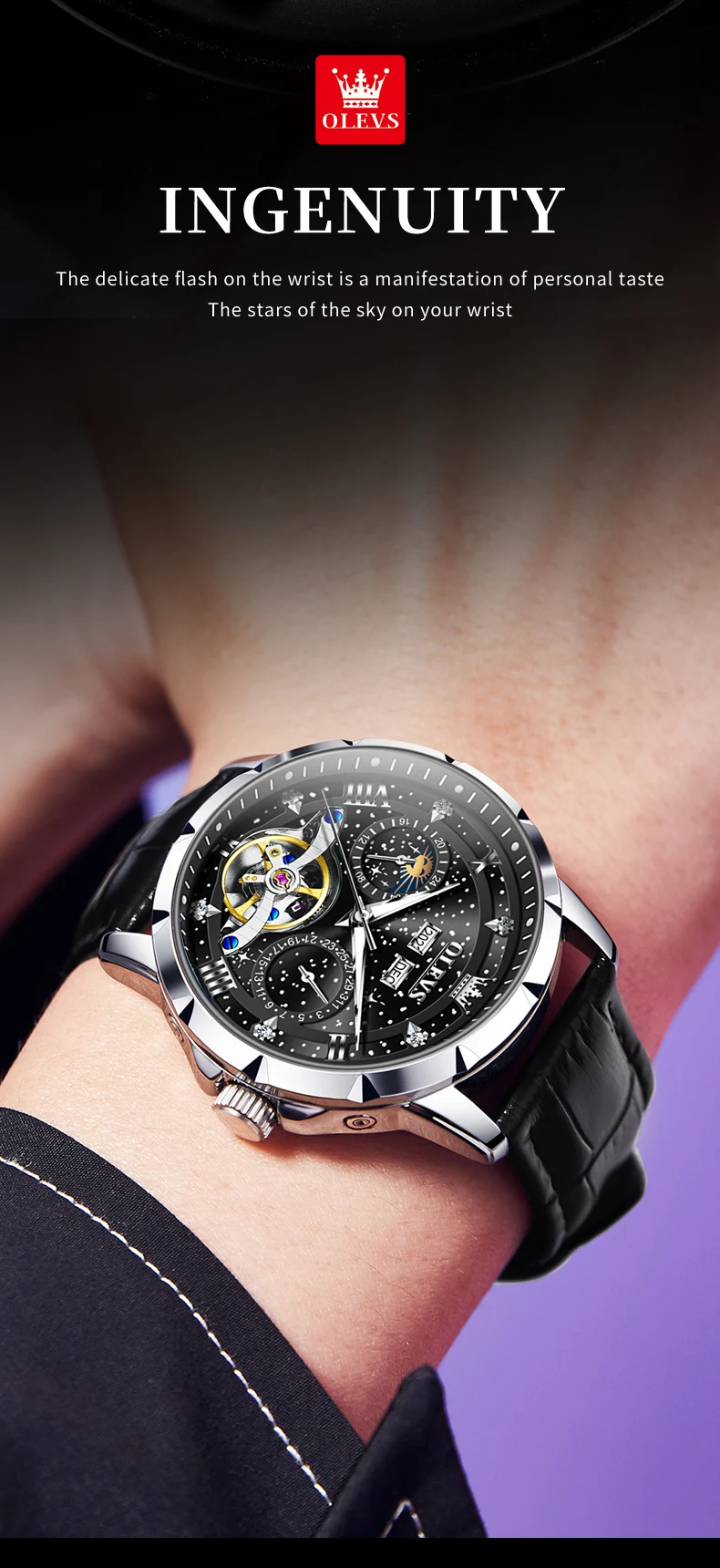 OLEVS 6690 Fashion Luxury Manufacturer Automatic Stainless Steel Moon Phase Waterproof Mechanical Watch for Man 9