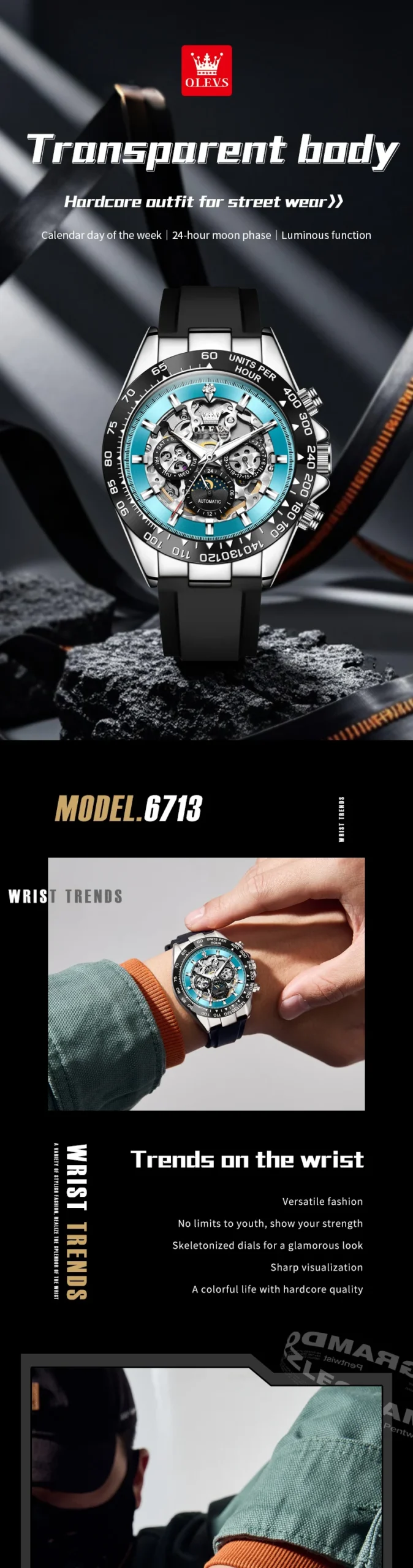 OLEVS 6713 Odm Rubber Strap Hollow Skeleton Fashion Sports Automatic Moon Phase Mechanical Watch for Man 1