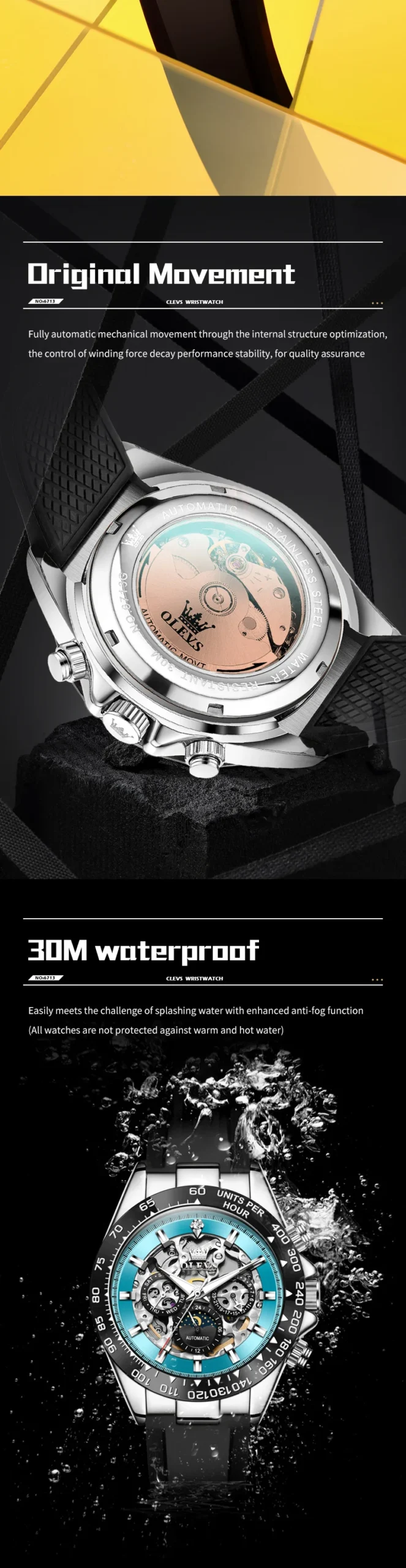 OLEVS 6713 Odm Rubber Strap Hollow Skeleton Fashion Sports Automatic Moon Phase Mechanical Watch for Man 3