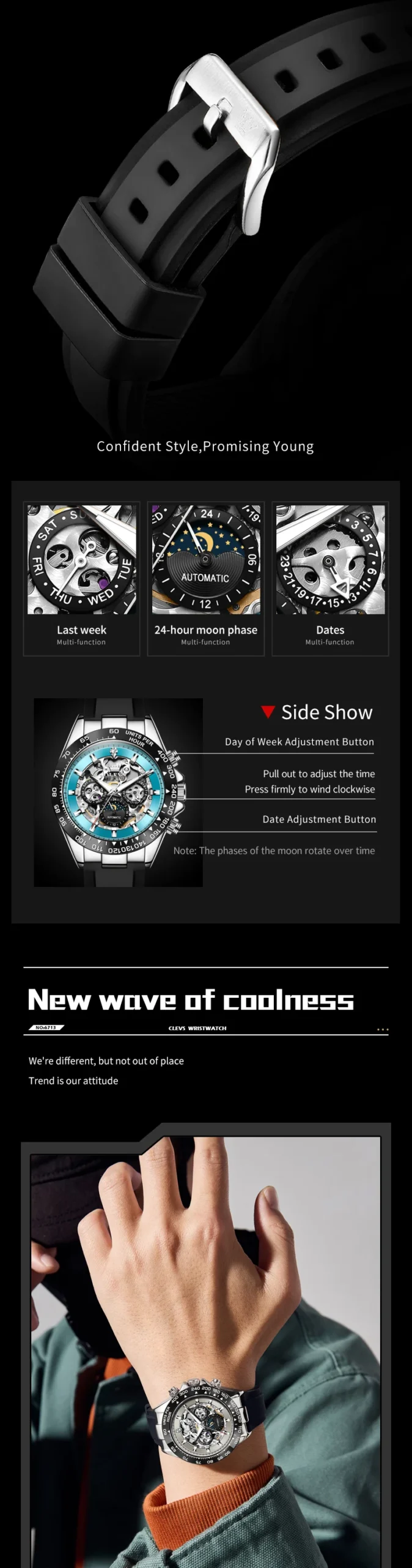 OLEVS 6713 Odm Rubber Strap Hollow Skeleton Fashion Sports Automatic Moon Phase Mechanical Watch for Man 5