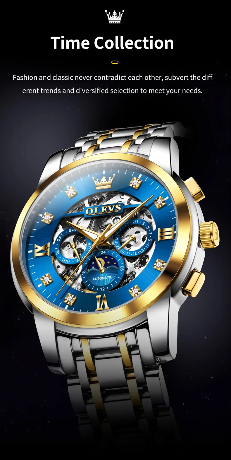 OLEVS For OLEVS 6721 Hollow Skeleton Diamond Moon Phase Mechanical Watch Waterproof Automatic Fashion Stainless Steel 20mm 1