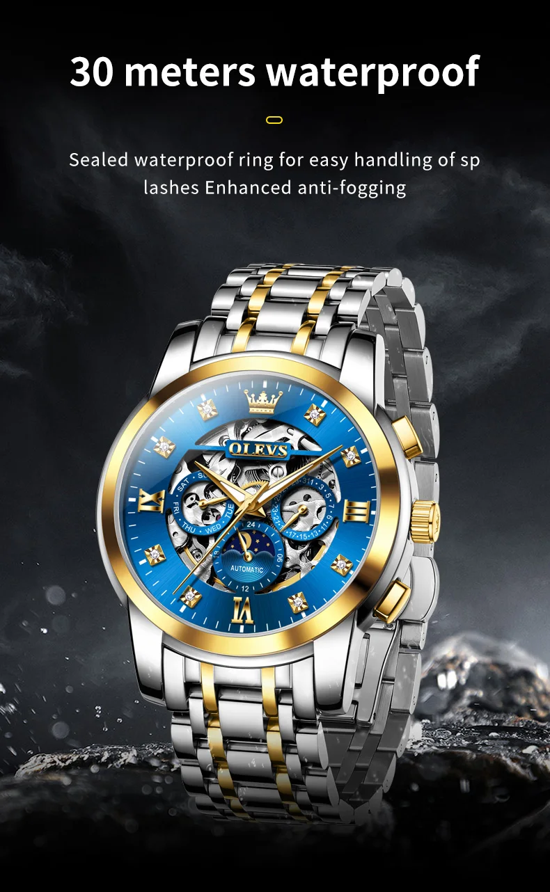 OLEVS For OLEVS 6721 Hollow Skeleton Diamond Moon Phase Mechanical Watch Waterproof Automatic Fashion Stainless Steel 20mm 10