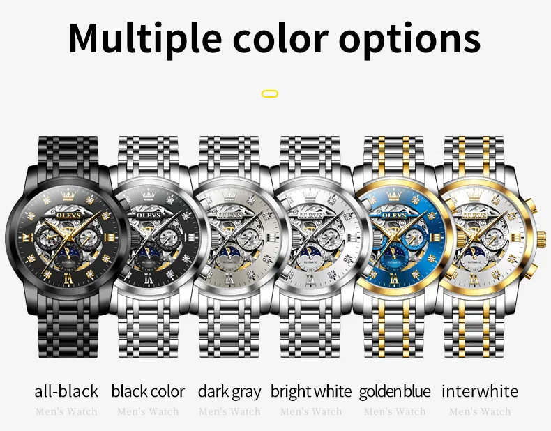 OLEVS For OLEVS 6721 Hollow Skeleton Diamond Moon Phase Mechanical Watch Waterproof Automatic Fashion Stainless Steel 20mm 12