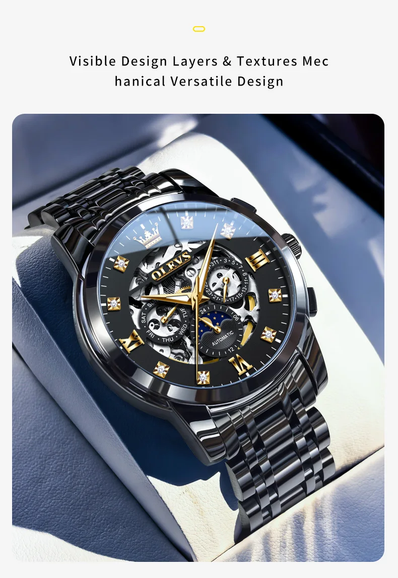 OLEVS For OLEVS 6721 Hollow Skeleton Diamond Moon Phase Mechanical Watch Waterproof Automatic Fashion Stainless Steel 20mm 13