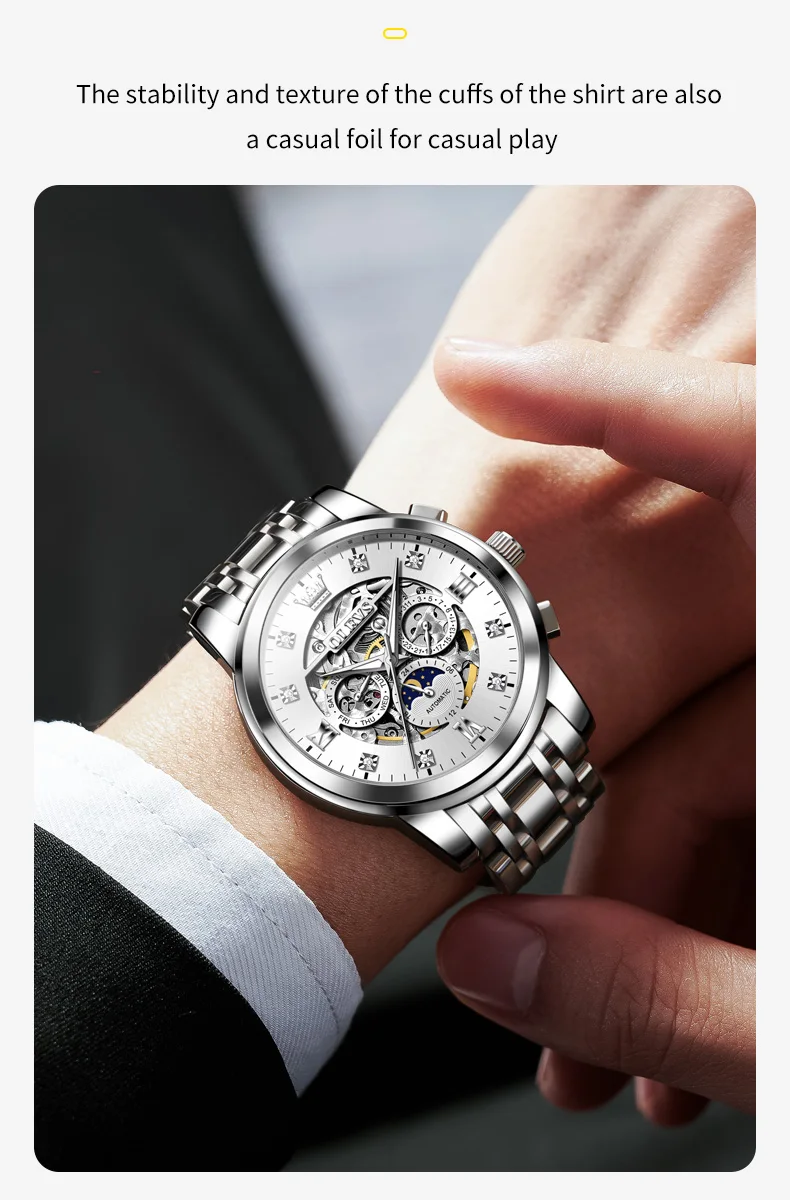 OLEVS For OLEVS 6721 Hollow Skeleton Diamond Moon Phase Mechanical Watch Waterproof Automatic Fashion Stainless Steel 20mm 14