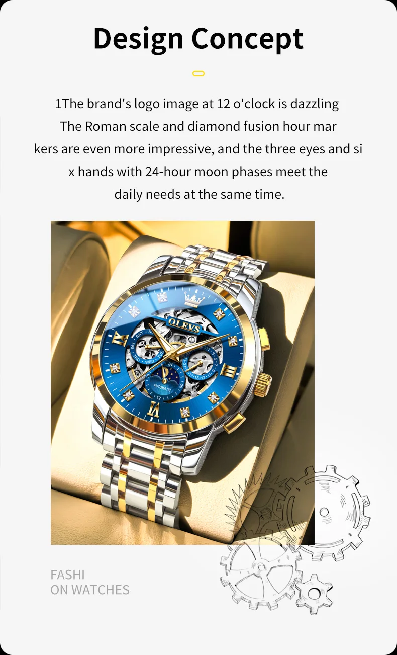 OLEVS For OLEVS 6721 Hollow Skeleton Diamond Moon Phase Mechanical Watch Waterproof Automatic Fashion Stainless Steel 20mm 2