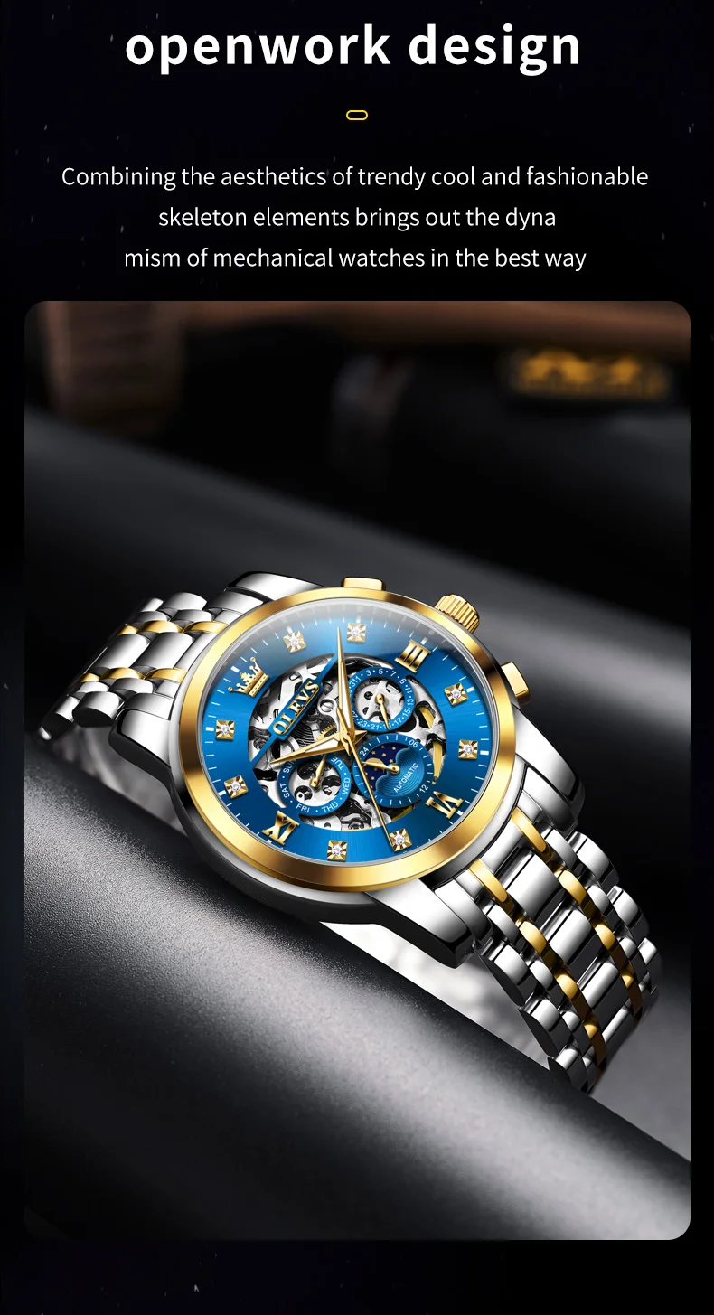 OLEVS For OLEVS 6721 Hollow Skeleton Diamond Moon Phase Mechanical Watch Waterproof Automatic Fashion Stainless Steel 20mm 4