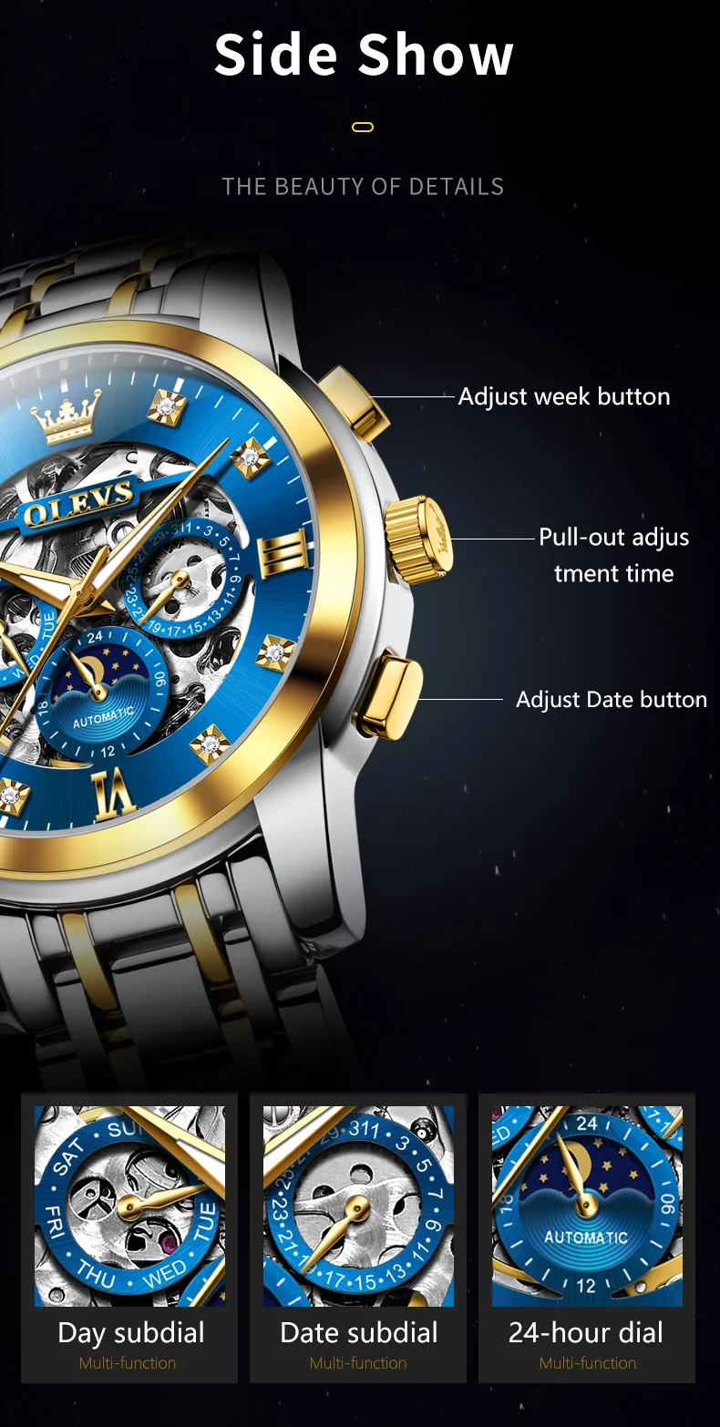 OLEVS For OLEVS 6721 Hollow Skeleton Diamond Moon Phase Mechanical Watch Waterproof Automatic Fashion Stainless Steel 20mm 5